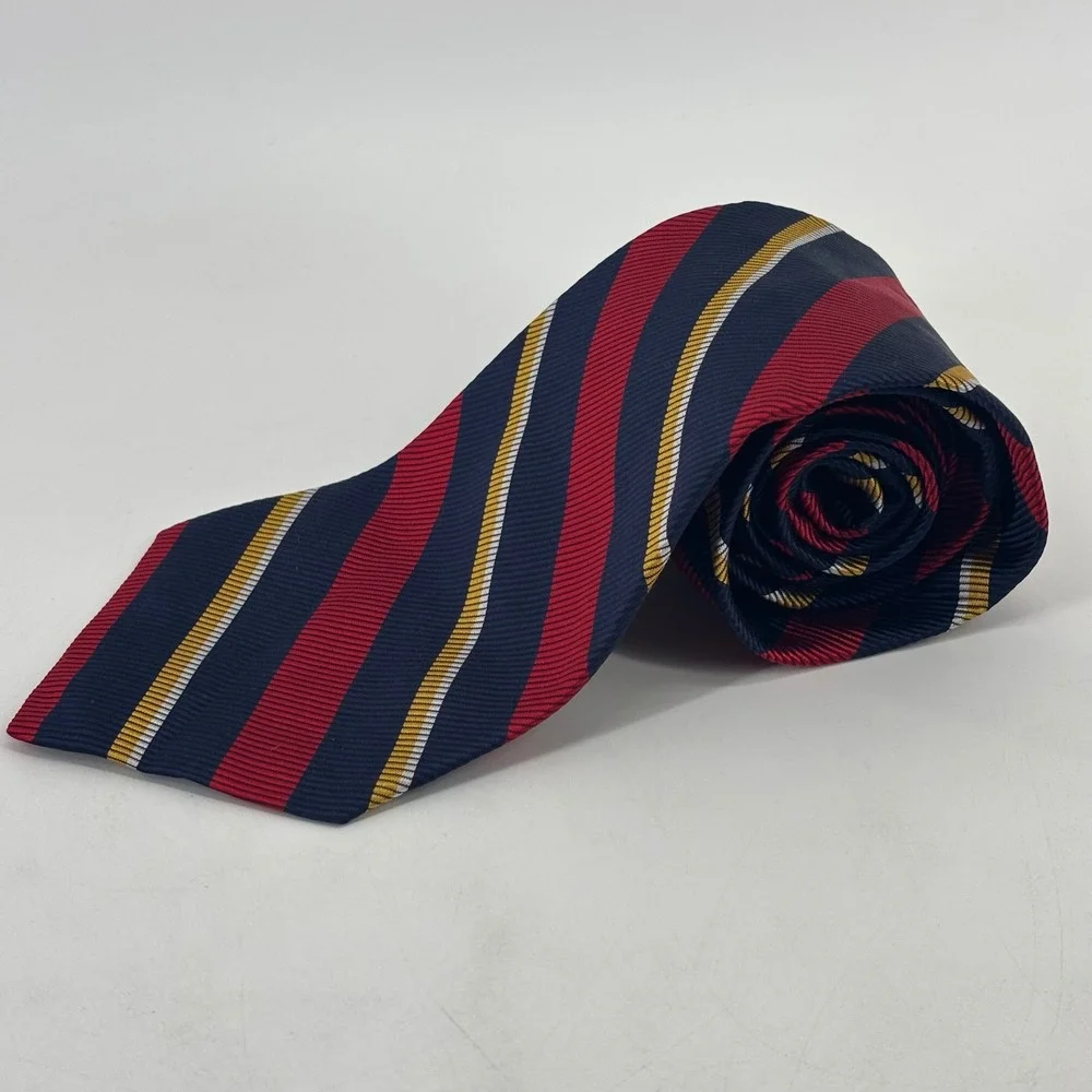 Lauren Ralph Lauren Tie Mens OS Navy Red Gold Silk Cotton Rep Stripe Made in USA